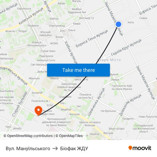 Вул. Мануїльського to Біофак ЖДУ map