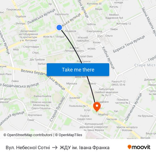 Вул. Небесної Сотні to ЖДУ ім. Івана Франка map