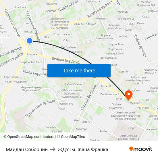 Майдан Соборний to ЖДУ ім. Івана Франка map