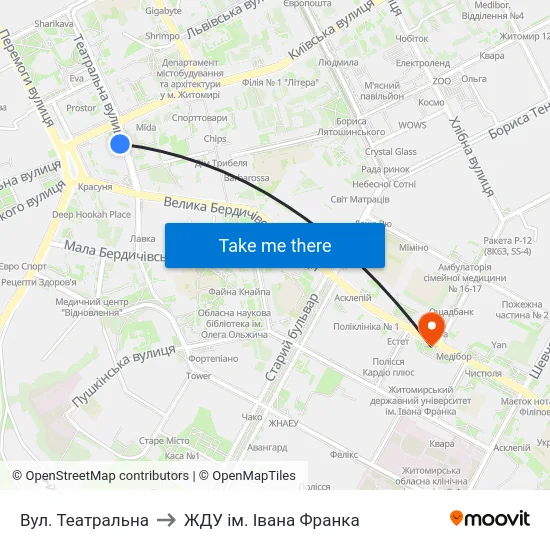 Вул. Театральна to ЖДУ ім. Івана Франка map