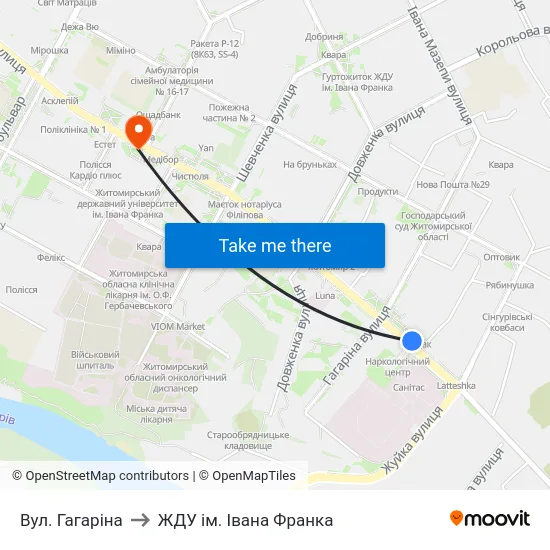 Вул. Гагаріна to ЖДУ ім. Івана Франка map