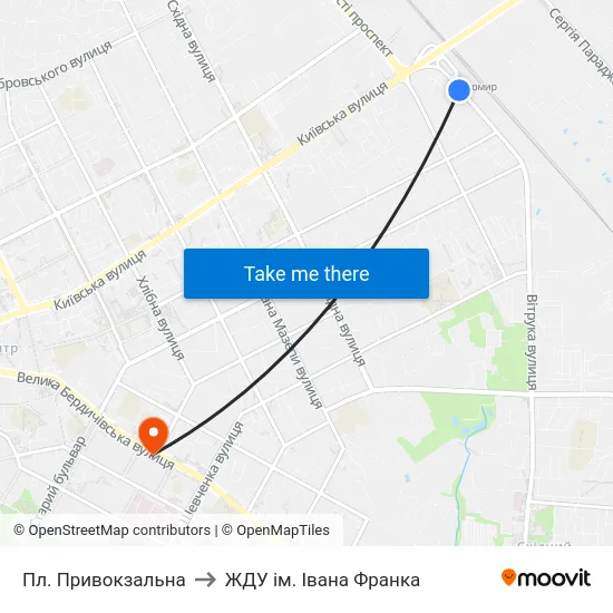 Пл. Привокзальна to ЖДУ ім. Івана Франка map