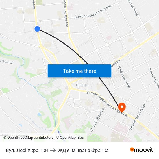 Вул. Лесі Українки to ЖДУ ім. Івана Франка map