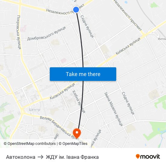 Автоколона to ЖДУ ім. Івана Франка map