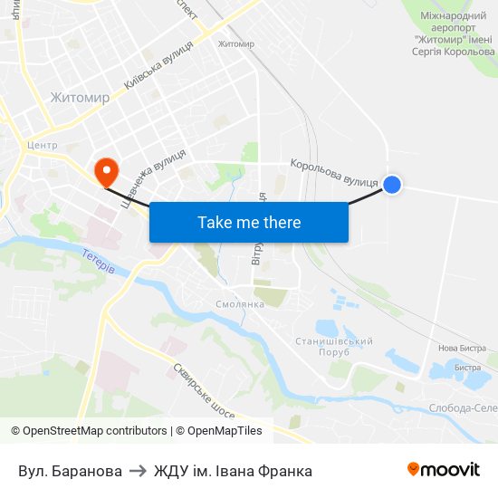 Вул. Баранова to ЖДУ ім. Івана Франка map