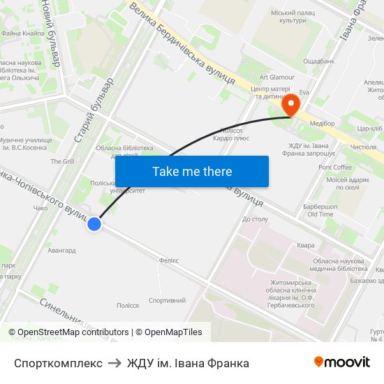 Спорткомплекс to ЖДУ ім. Івана Франка map