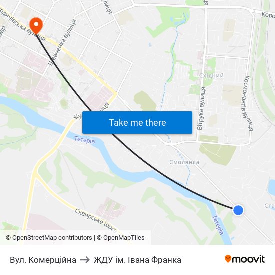 Вул. Комерційна to ЖДУ ім. Івана Франка map
