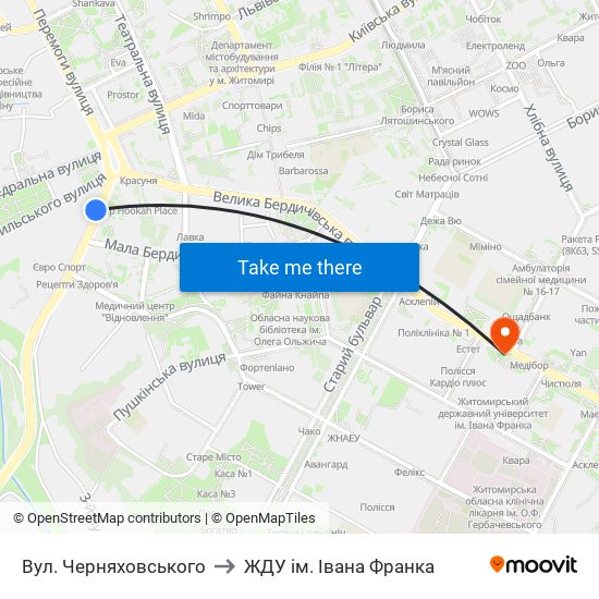 Вул. Черняховського to ЖДУ ім. Івана Франка map