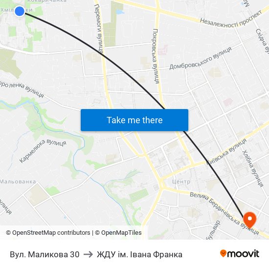 Вул. Маликова 30 to ЖДУ ім. Івана Франка map