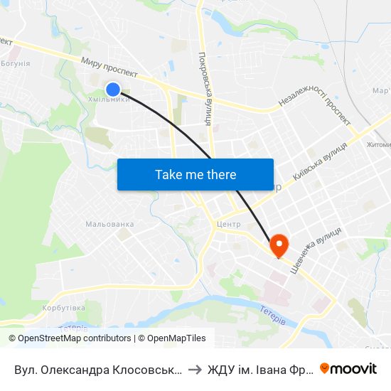 Вул. Олександра Клосовського 10 to ЖДУ ім. Івана Франка map