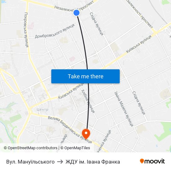 Вул. Мануїльського to ЖДУ ім. Івана Франка map