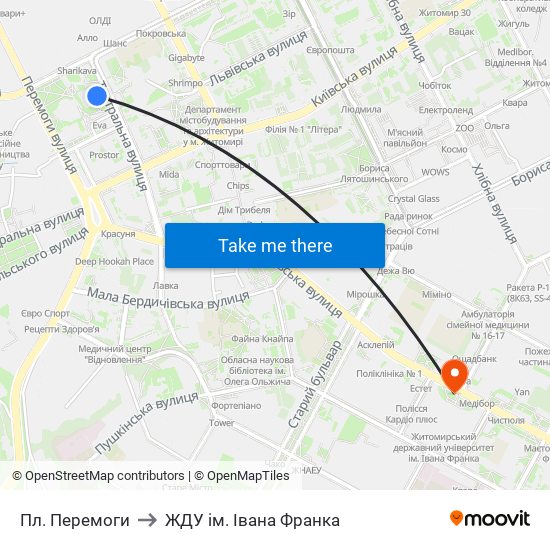 Пл. Перемоги to ЖДУ ім. Івана Франка map