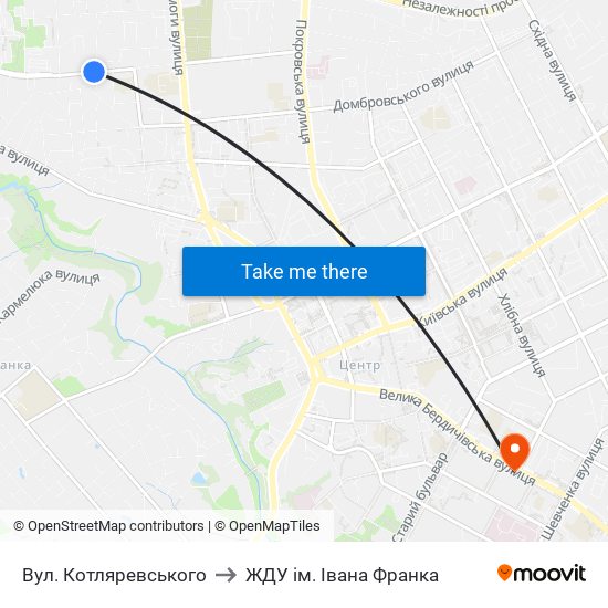 Вул. Котляревського to ЖДУ ім. Івана Франка map