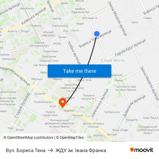 Вул. Бориса Тена to ЖДУ ім. Івана Франка map