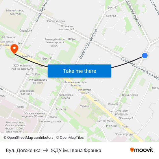 Вул. Довженка to ЖДУ ім. Івана Франка map