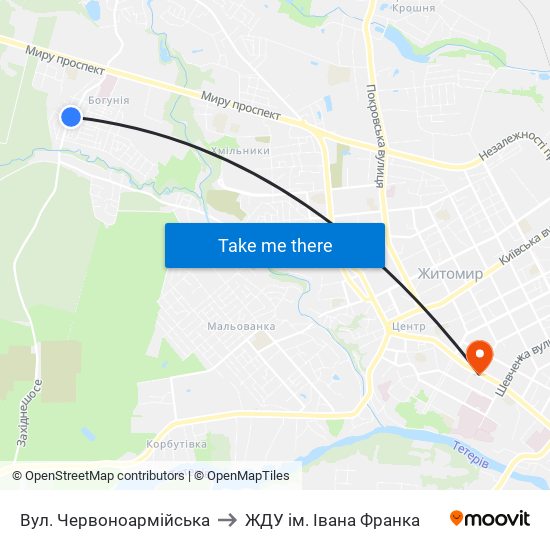 Вул. Червоноармійська to ЖДУ ім. Івана Франка map