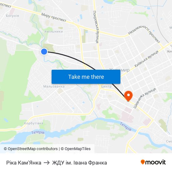Ріка Кам'Янка to ЖДУ ім. Івана Франка map