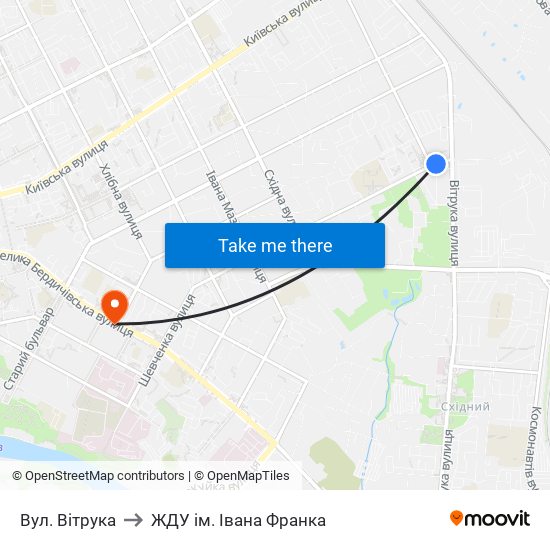 Вул. Вітрука to ЖДУ ім. Івана Франка map