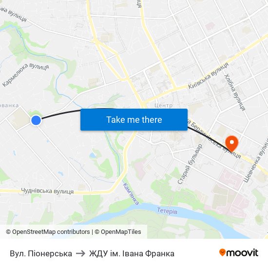 Вул. Піонерська to ЖДУ ім. Івана Франка map