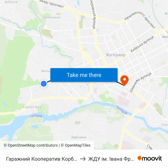 Гаражний Кооператив Корбутівка to ЖДУ ім. Івана Франка map