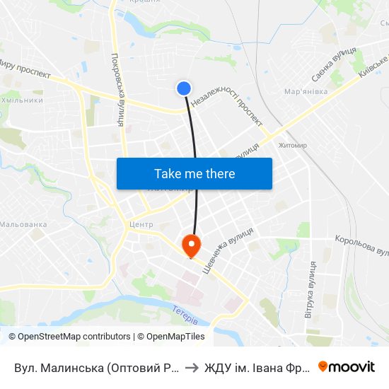 Вул. Малинська (Оптовий Ринок) to ЖДУ ім. Івана Франка map