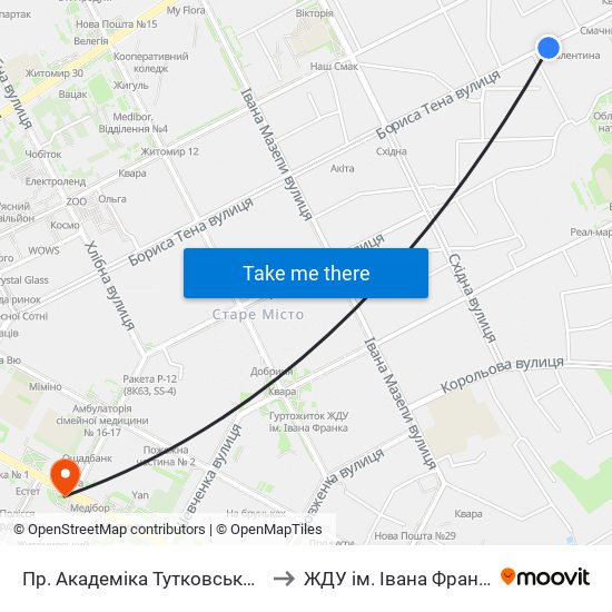 Пр. Академіка Тутковського to ЖДУ ім. Івана Франка map