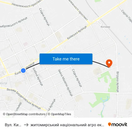Вул. Київська to житомирський національний агро екологічний університет map
