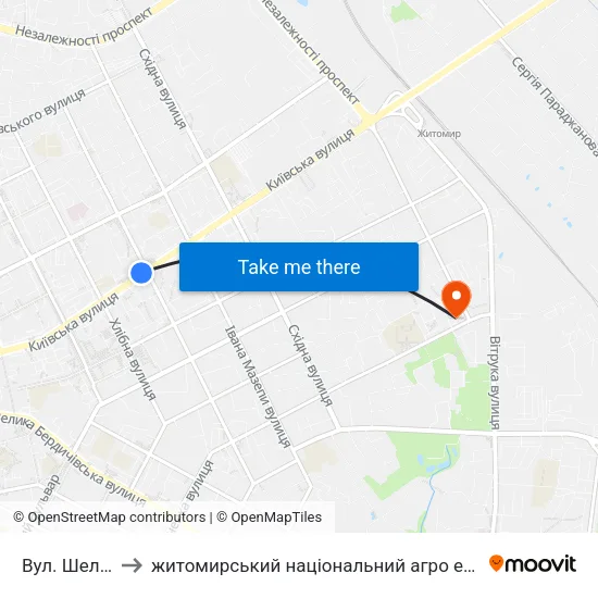 Вул. Шелушкова to житомирський національний агро екологічний університет map