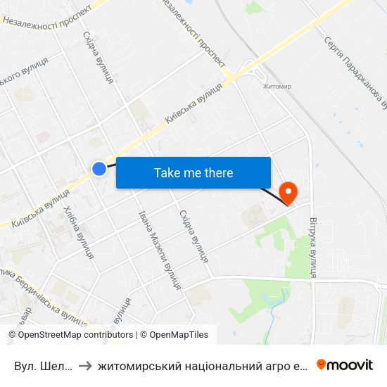 Вул. Шелушкова to житомирський національний агро екологічний університет map