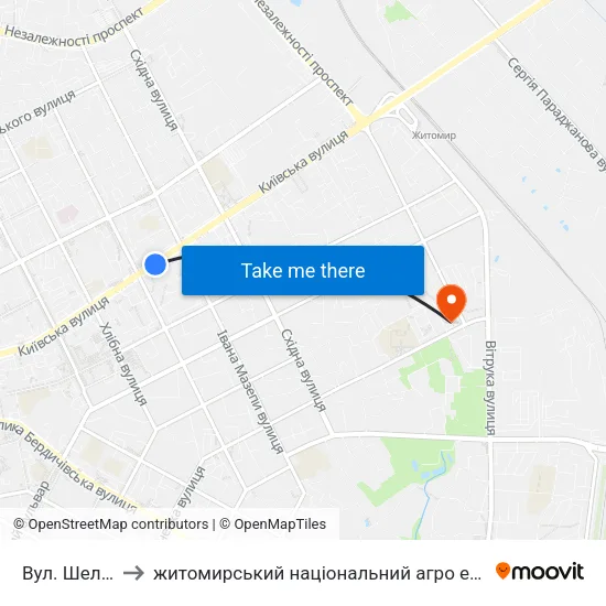 Вул. Шелушкова to житомирський національний агро екологічний університет map