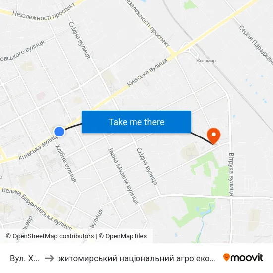 Вул. Хлібна to житомирський національний агро екологічний університет map