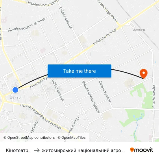 Кінотеатр Україна to житомирський національний агро екологічний університет map