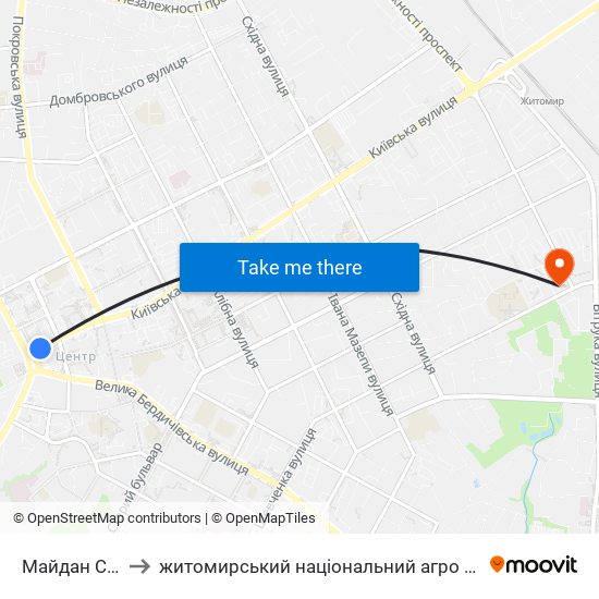 Майдан Соборний to житомирський національний агро екологічний університет map