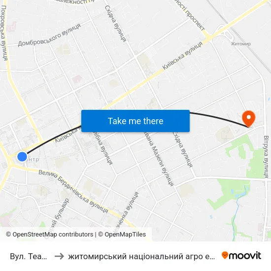 Вул. Театральна to житомирський національний агро екологічний університет map