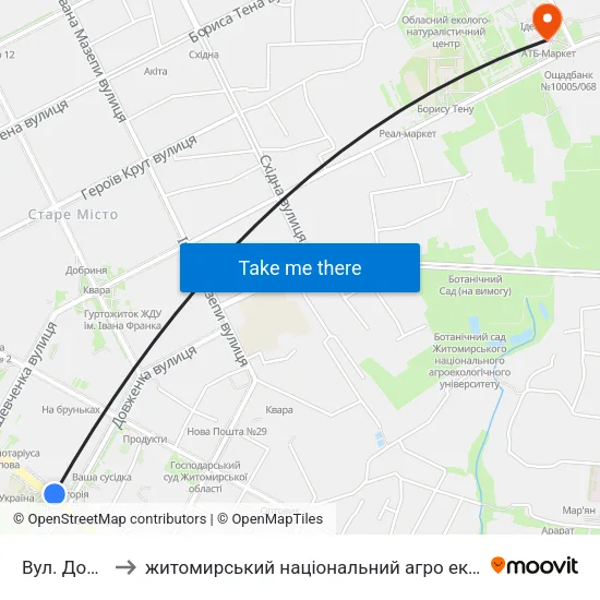 Вул. Довженка to житомирський національний агро екологічний університет map