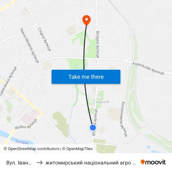 Вул. Івана Огієнка to житомирський національний агро екологічний університет map