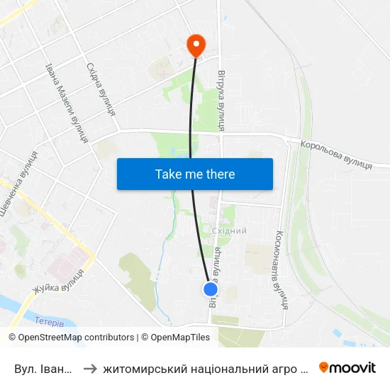 Вул. Івана Огієнка to житомирський національний агро екологічний університет map