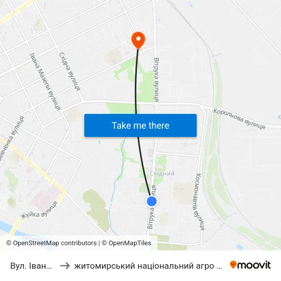 Вул. Івана Огієнка to житомирський національний агро екологічний університет map
