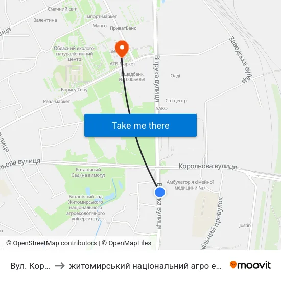 Вул. Корольова to житомирський національний агро екологічний університет map
