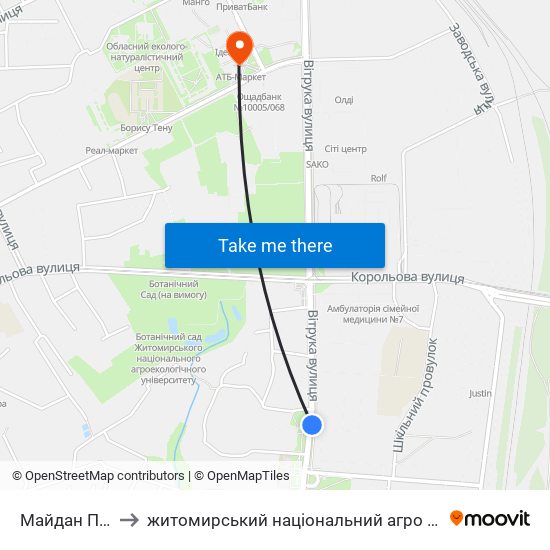 Майдан Польовий to житомирський національний агро екологічний університет map