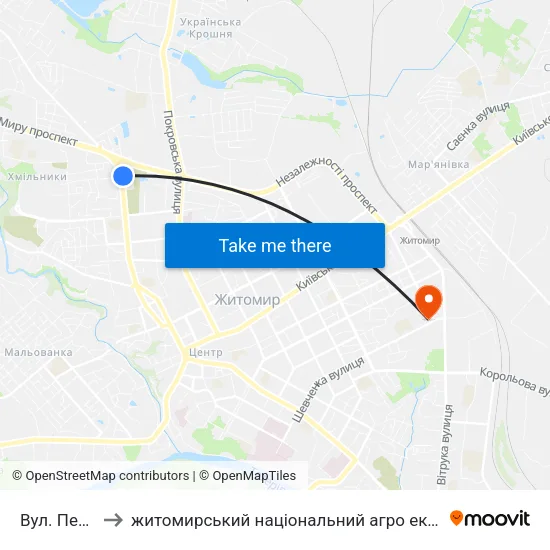 Вул. Перемоги to житомирський національний агро екологічний університет map
