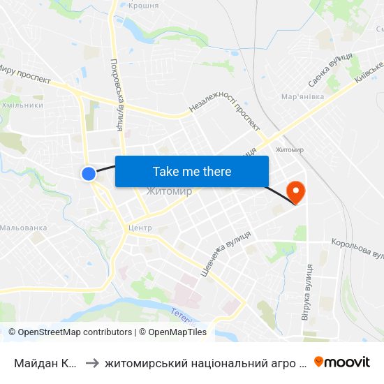 Майдан Короленка to житомирський національний агро екологічний університет map