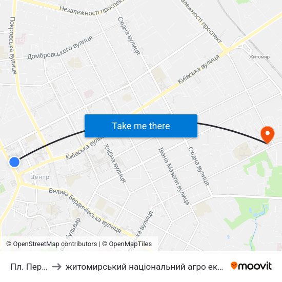 Пл. Перемоги to житомирський національний агро екологічний університет map