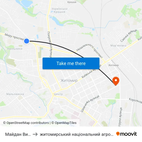 Майдан Визволення to житомирський національний агро екологічний університет map