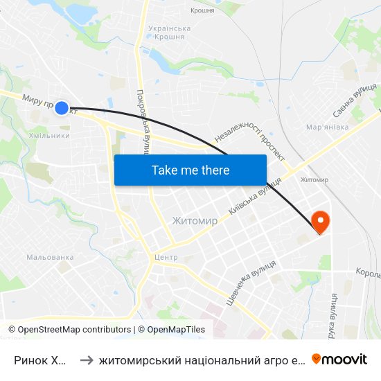Ринок Хмільники to житомирський національний агро екологічний університет map