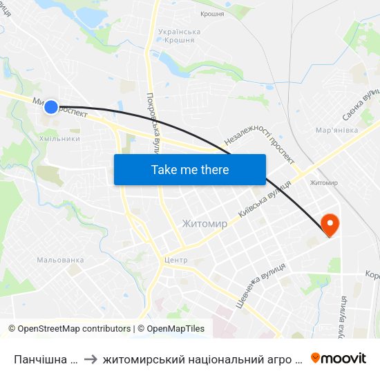 Панчішна Фабрика to житомирський національний агро екологічний університет map