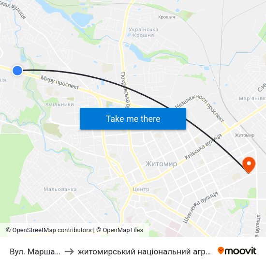 Вул. Маршала Жукова to житомирський національний агро екологічний університет map