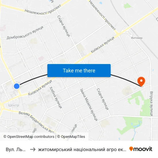 Вул. Львівська to житомирський національний агро екологічний університет map