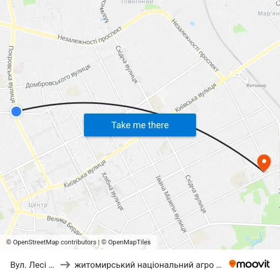 Вул. Лесі Українки to житомирський національний агро екологічний університет map