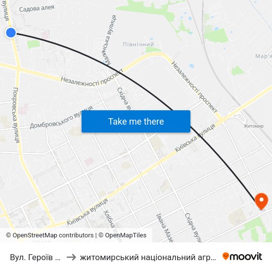 Вул. Героїв Чорнобиля to житомирський національний агро екологічний університет map